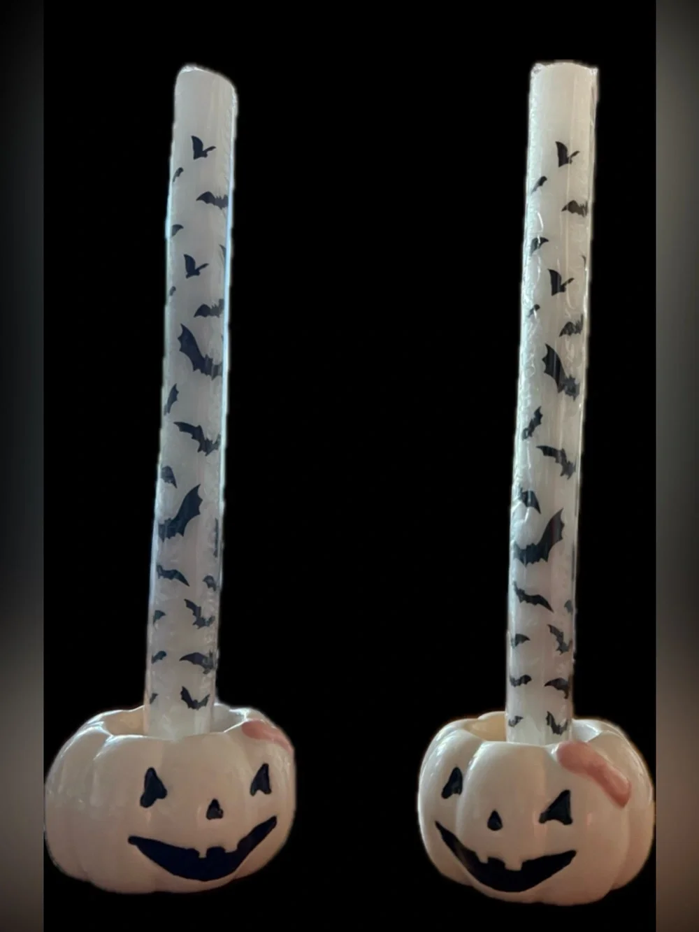 TWO Ceramic Jack-O'-Lantern Candle Holders with TWO White Bat-Print 10” Candles